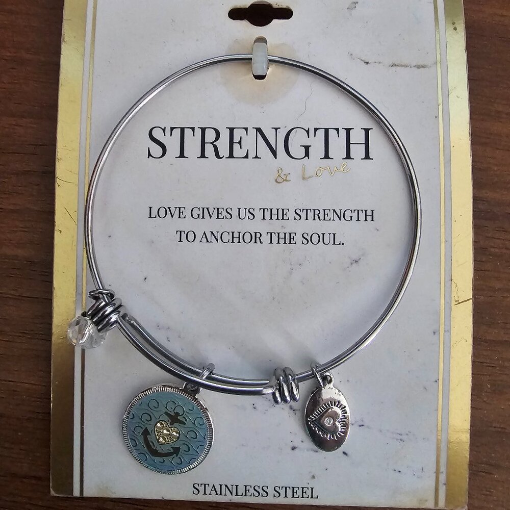 - Footnotes Silver Tone Charm Bangle Strength Bracelet-Adjustable NWT